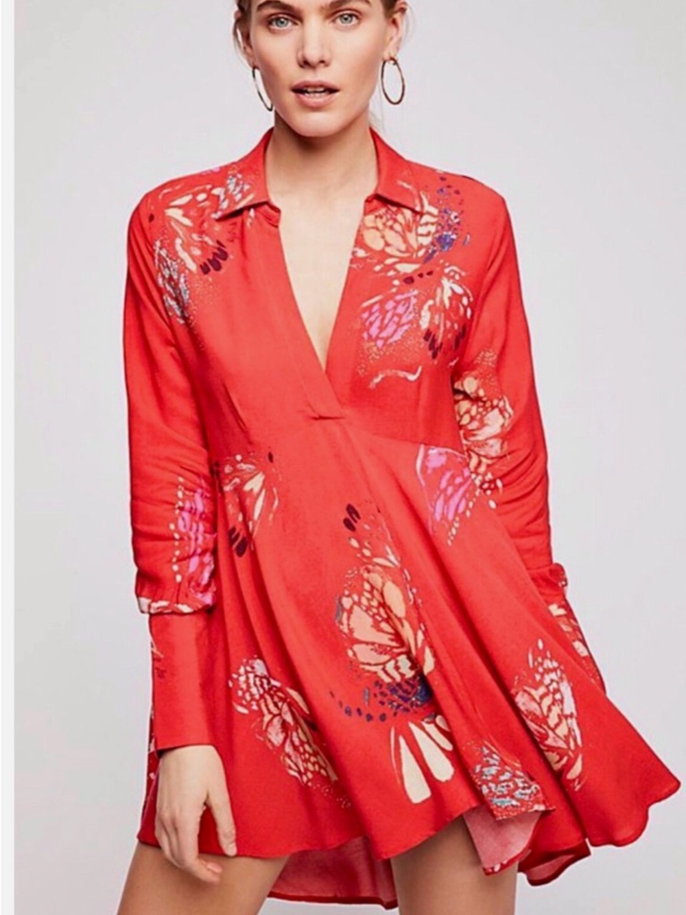 FREE PEOPLE Red Floral Swing Tunic Dress